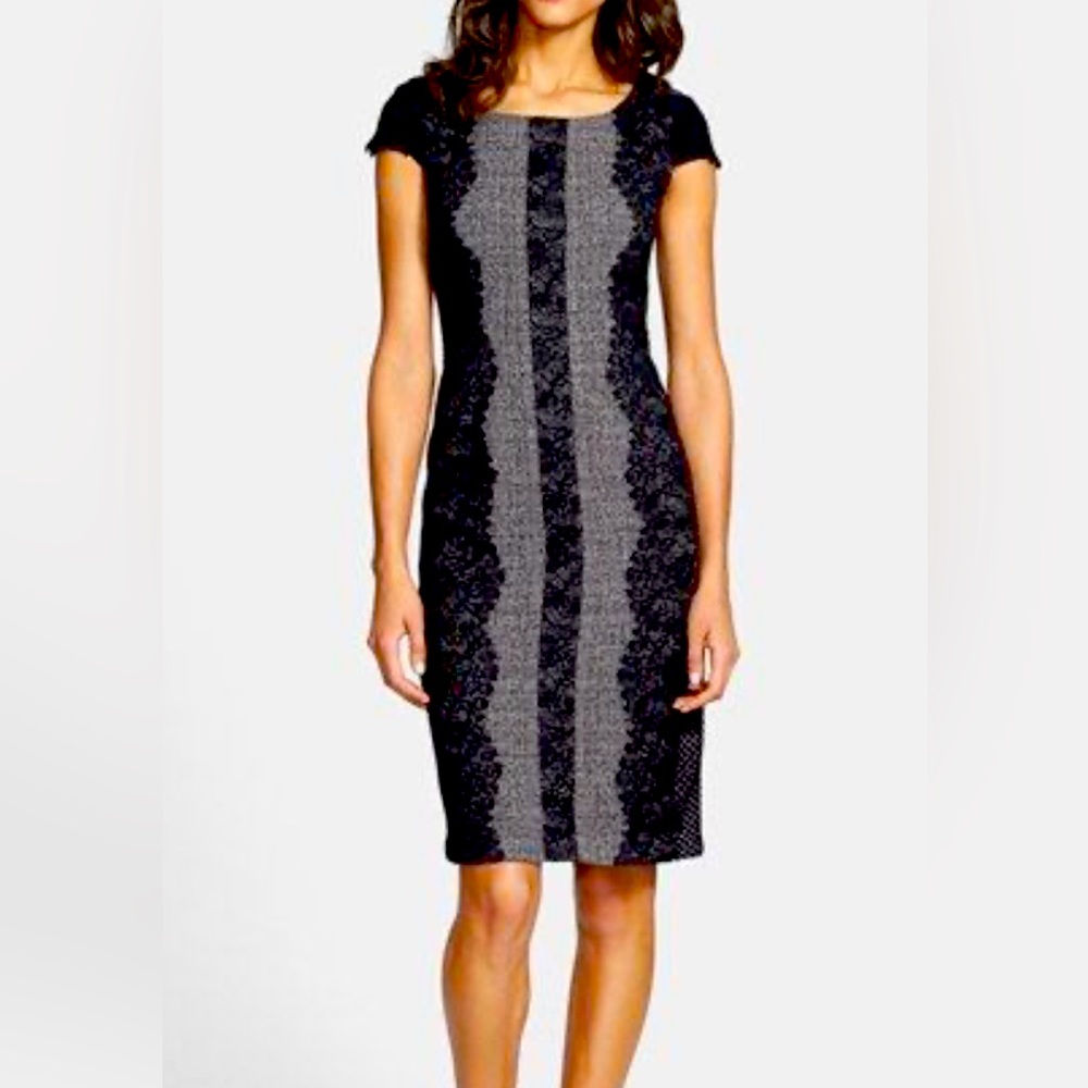 👗 Betsey Johnson Grey/Black Tweed Lace Cap Sheath Cocktail/Party Dress